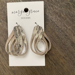 Silver + Beige Twisted Hoop Leather Earring